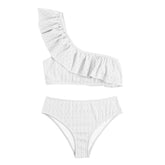 Traje de baño bikini texturizado de un solo hombro con volantes lisos